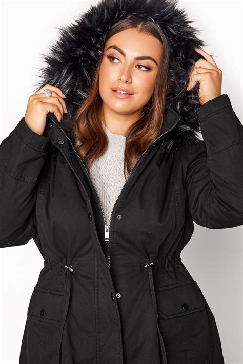 size black faux fur trim hooded parka  clothing