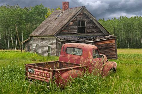 Red Pickup Truck Abandoned Farm House Rusty Auto Chevy