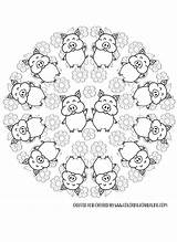 Mandala Happy Coloring Pigs Printable Adult Cute sketch template