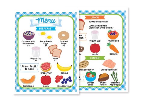 printable healthy restaurant menu pretend play kit kids etsy kids
