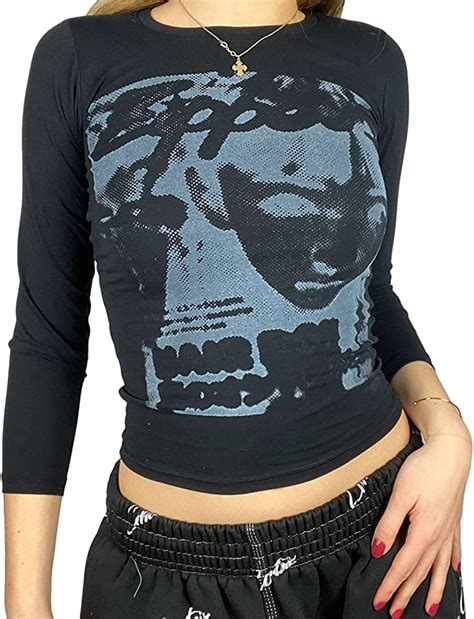 Xsylife Women Face Portrait Top Y2k Graphic Long Sleeves Crop Top