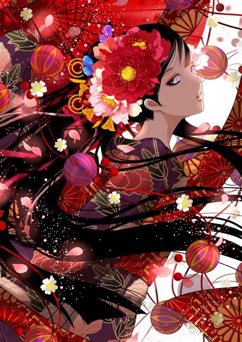 flowers kimono girl art beautiful pictures anime funny