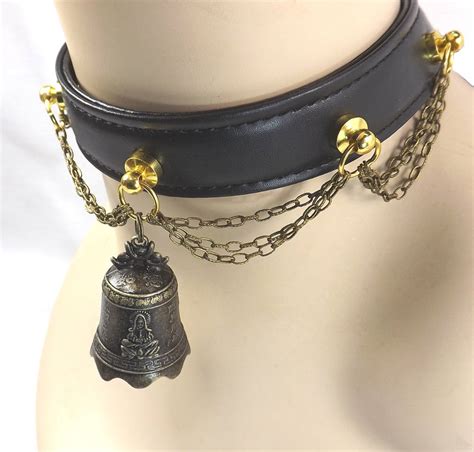 bondage collar cuffs set large bells black leather collar