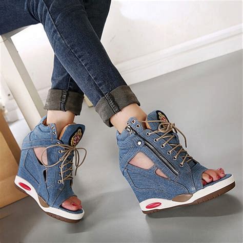 buy  increased platform wedges canvas denim octopus mouth open toe high