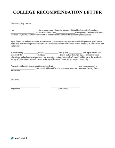 college recommendation letter sample template lawdistrict