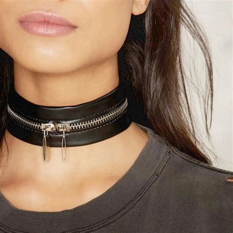 black leather choker necklace fashion chokers  metal zipper chocker collars necklace