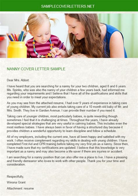 nanny cover letter    important document   included