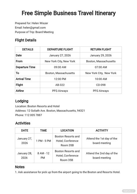 simple business travel itinerary template   word excel apple pages google docs