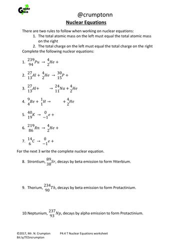 gcse physics nuclear equations worksheet  ncrumpton teaching