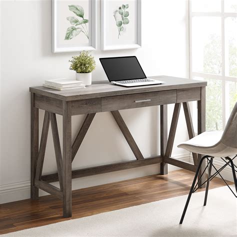 woven paths rustic farmhouse computer writing desk  drawer grey