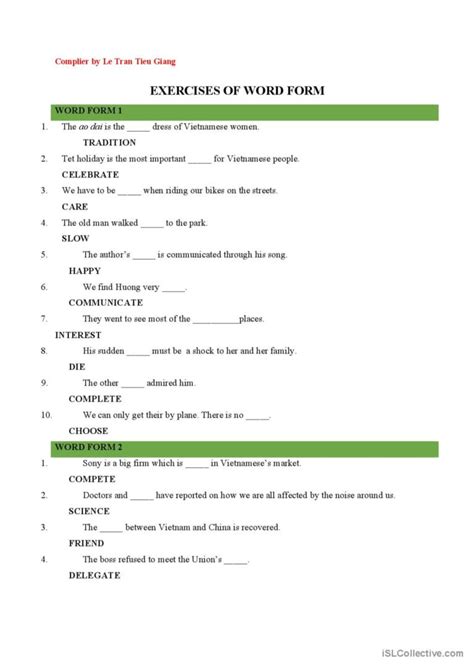 exercises  word form general gramm english esl worksheets