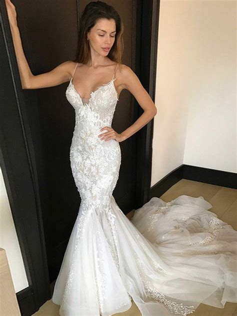 2018 Long Mermaid Wedding Dress Spaghetti Straps Sexy Deep