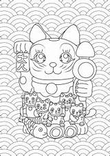 Neko Coloring Maneki Pages Kids Color Adult Print Fans Group Justcolor Children sketch template