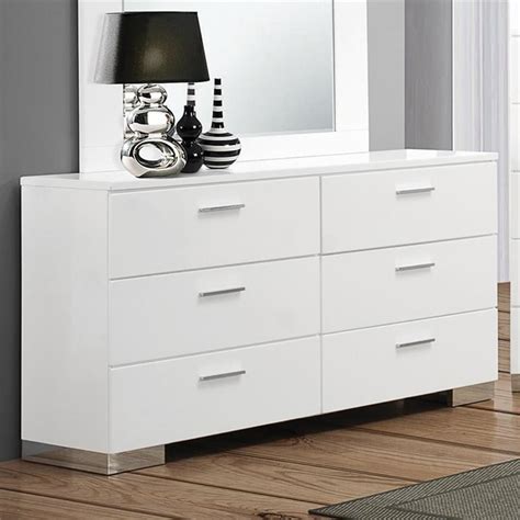 bowery hill  drawer double dresser  glossy white  silver homesquare