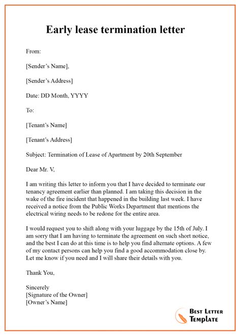 early lease termination letter format sample