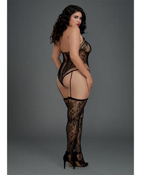 Lace Halter Teddy Bodystocking Garters And Thigh Highs Black