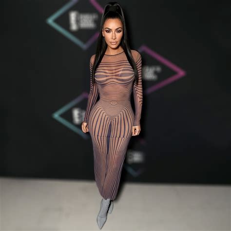 mysterious kim kardashian sinuous stripe print sexy dress sheer mesh