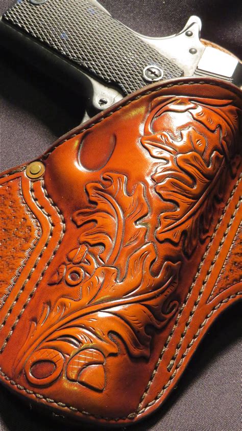 hand tooled oak leaf leather holster manley leather