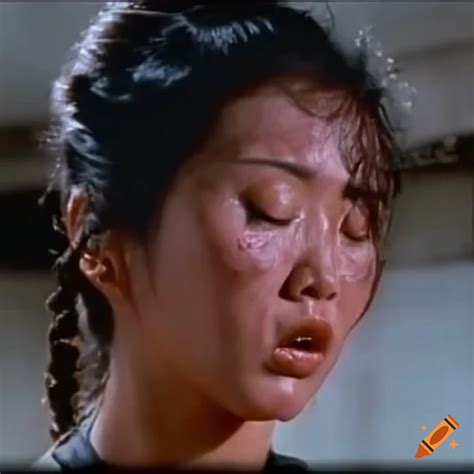 asian woman martial arts fighter with bruised face in 80s hong kong