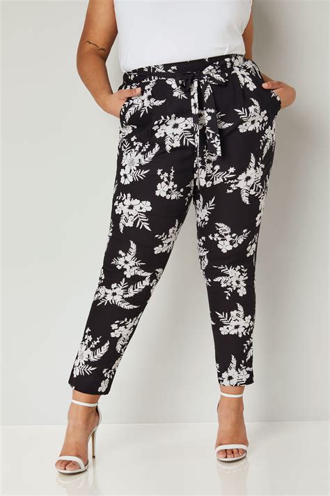 black and white tropical floral tapered trousers plus size 16 to 36