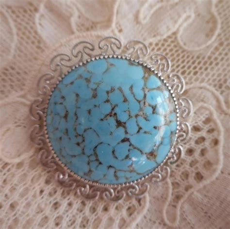 Vintage Pin Turquoise Blue Art Glass Cabochon Rhodium Plated Mercy