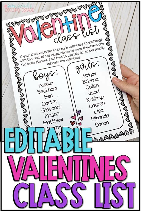 editable class valentine list  perfect  pass   students