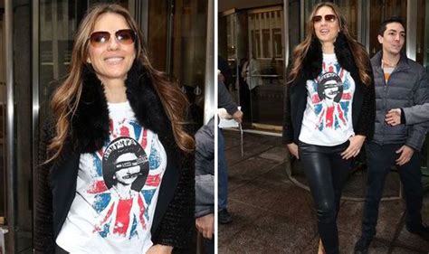 liz hurley sports sex pistols t shirt to promote the royals in nyc celebrity news showbiz