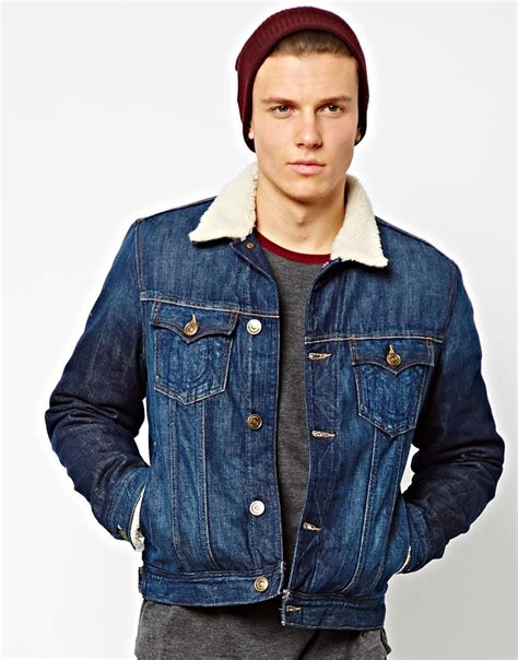 lyst true religion denim jacket sherpa lining and collar in blue for men
