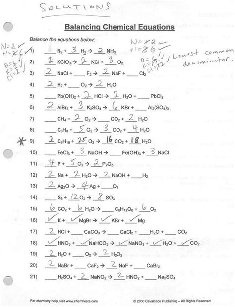 balancing chemical equations worksheets  answers balancing