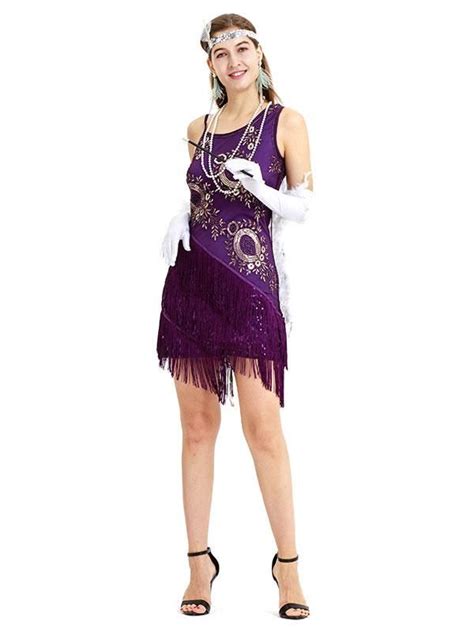 Purple Flapper Dress Great Gatsby Costume Sequin Bead Fringe Women