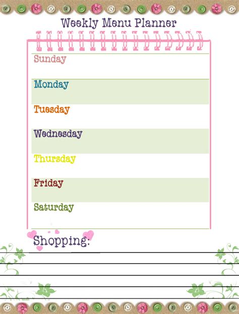 learn weekly menu planner  printable