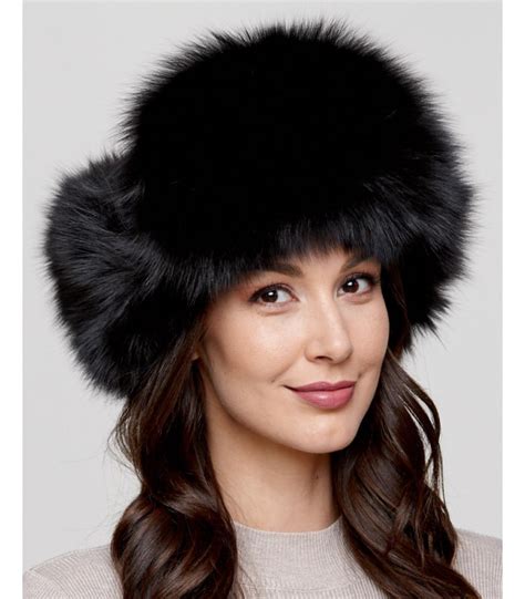 Womens Black Fox Fur Excursion Trapper Hat With Pom Pom