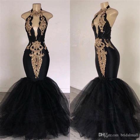 Keyhole Neck 2020 Black Mermaid Prom Dresses With Gold Appliqued Formal