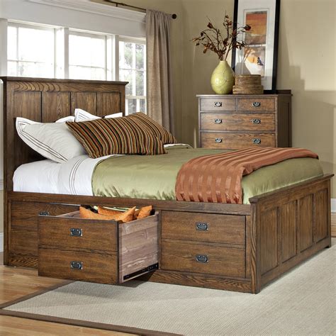 oak park op br qs mis  mission queen panel bed   underbed storage drawers sadlers
