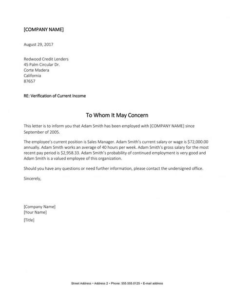 income verification letter  letter template word