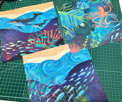 ocean reef fish fabric panel quilt square waves beach sand school
