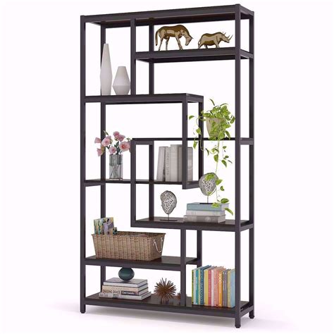 tribesigns  shelves staggered bookshelf rustic industrial etagere bookcase  office vintage
