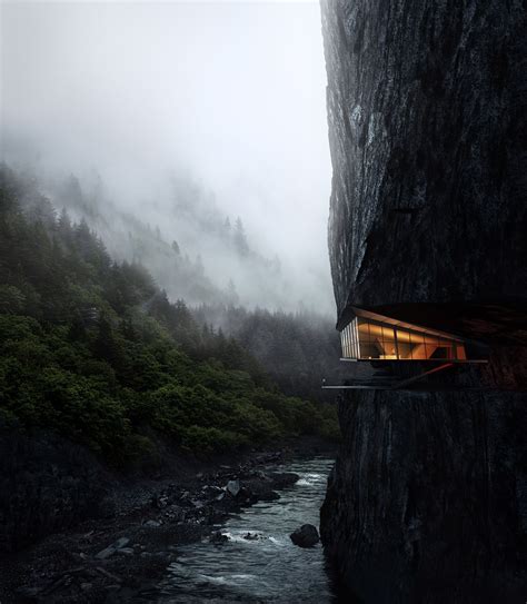 house   crevice   cliff overlooking river   edge