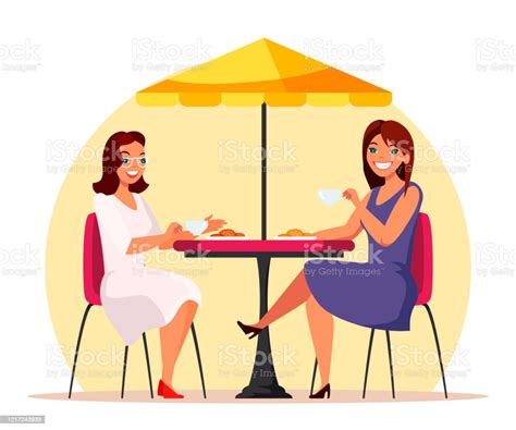 Vector Characters Women Eating At Street Cafe Stock Illustration