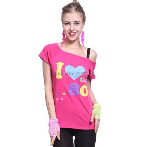 Adult Women Pink Sexy I Love The 80s Retro T Shirt Fancy Dress Party