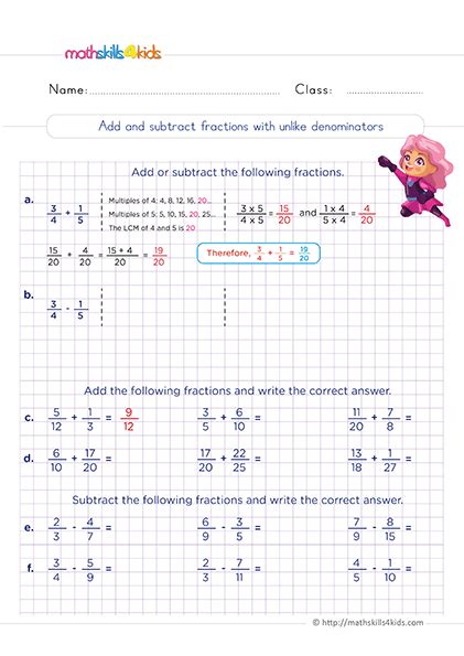 grade adding  subtracting fractions worksheets   answers