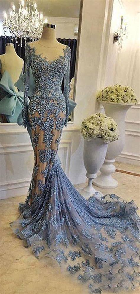 sky blue lace long sleeve mermaid bowknot prom dresses db long sleeve evening gowns prom