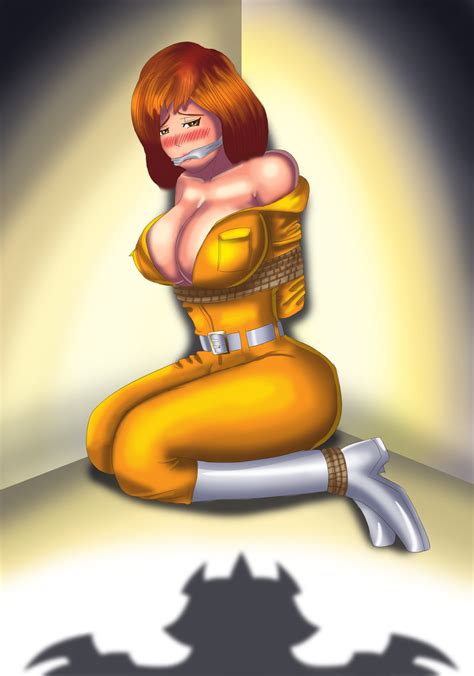 rule 34 against wall april o neil arms behind back bondage boots breasts brown eyes brown hair