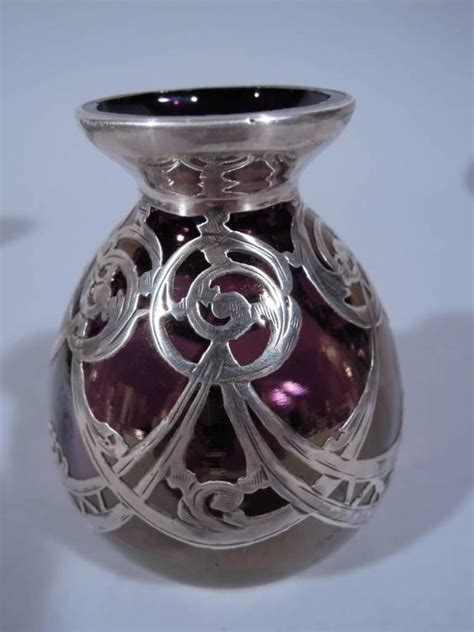 Art Nouveau Iridescent Purple Glass Silver Overlay Bud