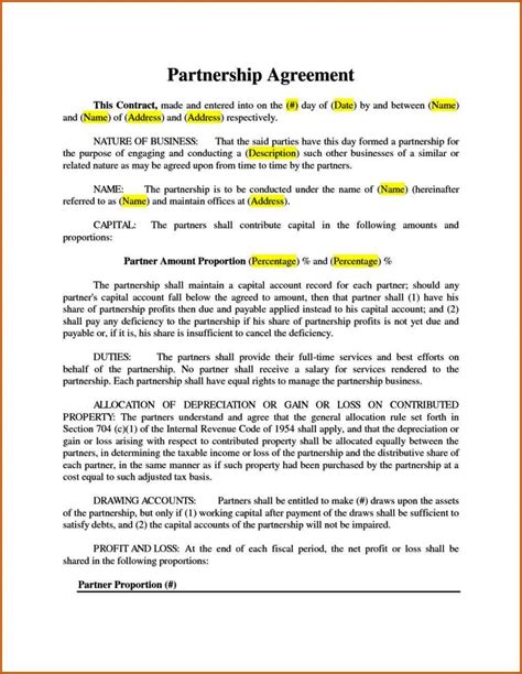 partnership agreement template word printable word searches