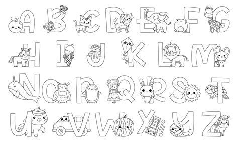 coloring page  english alphabet letters cute animals birds food