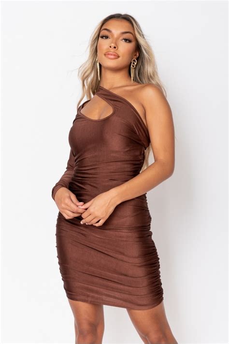 wholesale brown slinky one shoulder cut out mini dress parisian