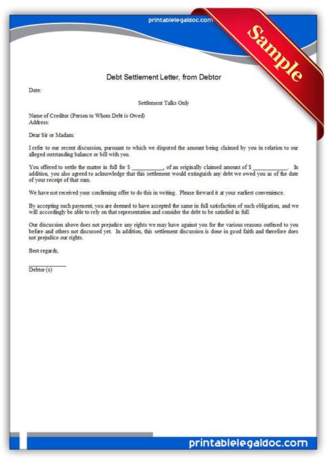 printable debt settlement letter debtor template printable legal