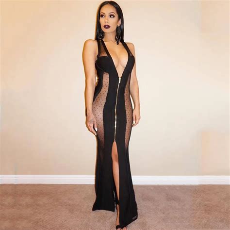 sexy women maxi dress sheer mesh deep v sleeveless split zip slim party