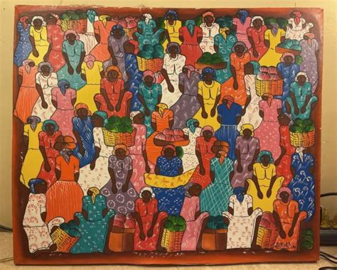 haitian folk art painting  haitian people market scene